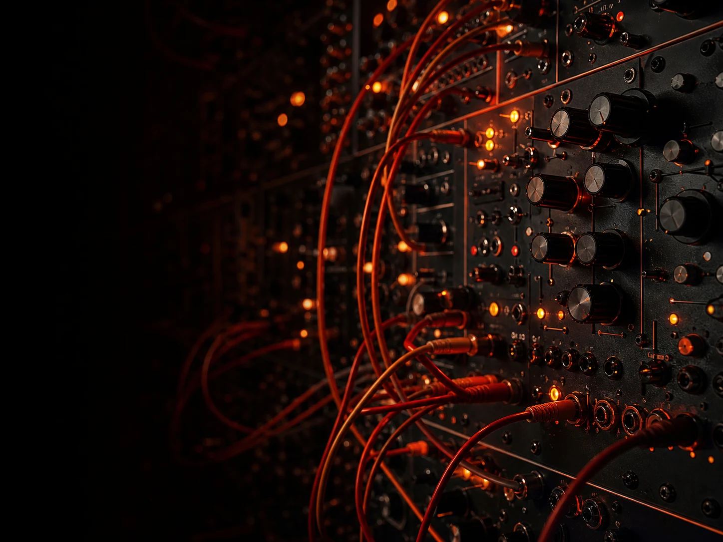 Synthétiseur modulaire, câbles et lumières orange dans un studio sombre