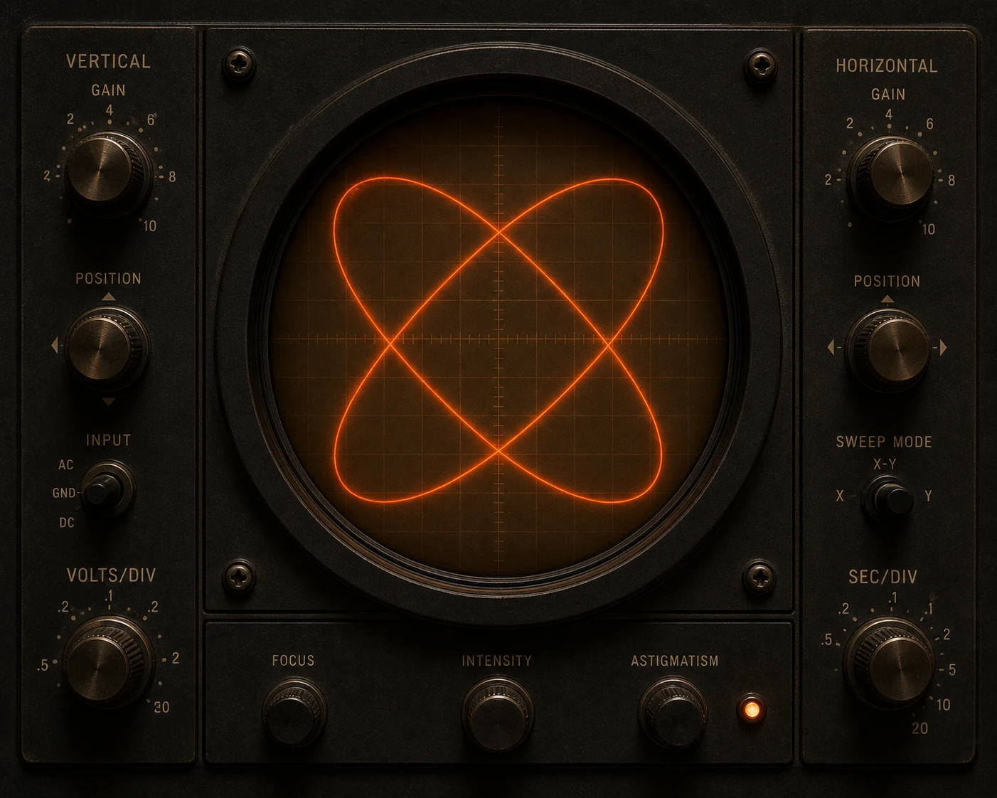 Oscilloscope analogique affichant une courbe lumineuse orange
