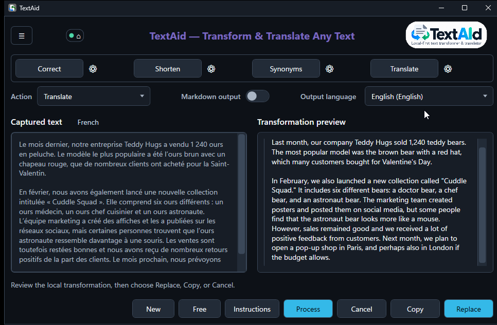TextAid translating French text into English