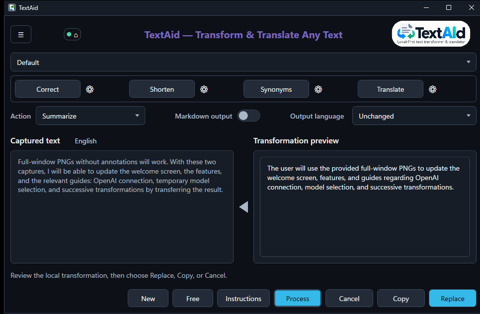 TextAid showing a completed summary, the model selector on Default, and a left-pointing transfer triangle between input and result